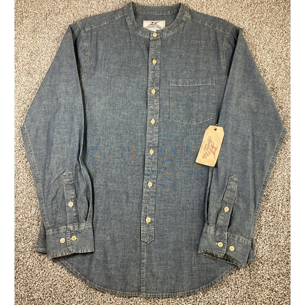 Madda Fella Band Collar Shirt Mens Small Blue Chambray Button‎ Down Long Sleeve